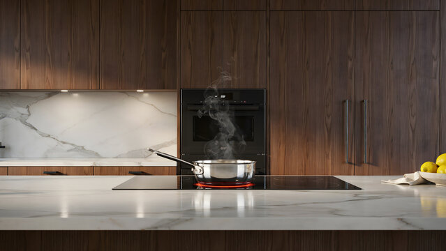 Modern kitchen island with a cooking pan and steam on a stone countertop