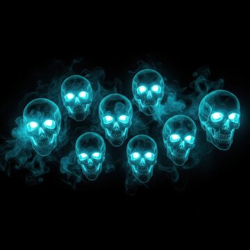 Group of Glowing Blue Ethereal Skulls with Smoke Effects on Black Back
