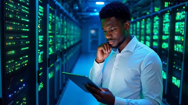 Man in server room with tablet