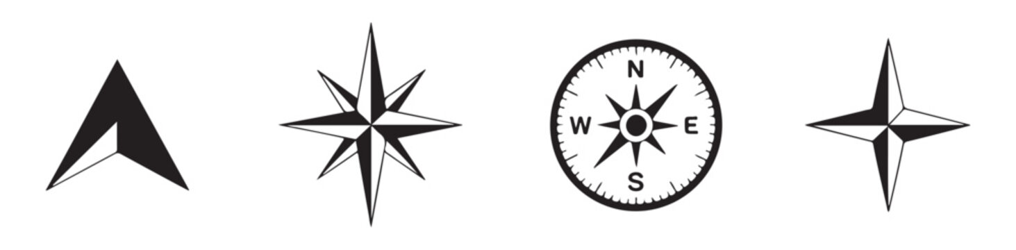Collection of black map direction markers and nautical compass rose signs on transparent background.