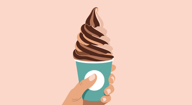 Person holds a cup of delicious swirled chocolate and vanilla soft serve ice cream against a soft pink background for a sweet treat.