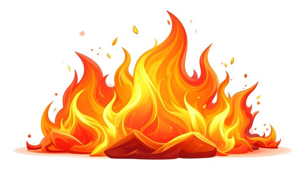 A stylized illustration depicting a vibrant bonfire with orange and yellow flames rising from brown logs against a white backdrop