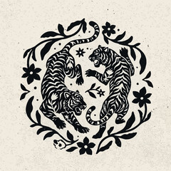 Fototapeta premium Two black tigers in circular floral.