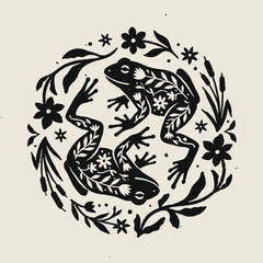 Fototapeta premium Two frogs in floral design pattern.