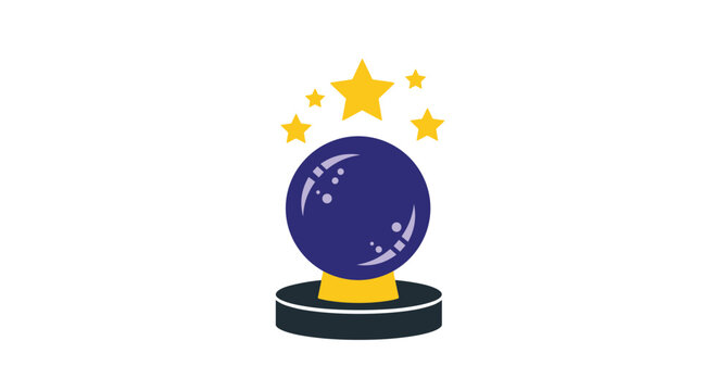 Purple magic crystal ball sits on a pedestal under shining yellow stars representing fortune telling and mystery.