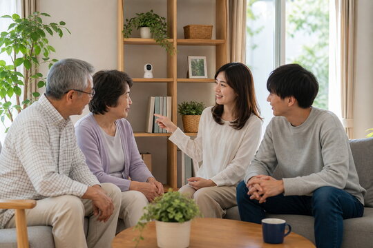 ソファで見守りサービスを相談する三世代家族