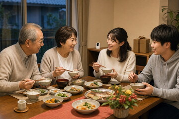 食卓で敬老の日の会話を楽しむ三世代家族