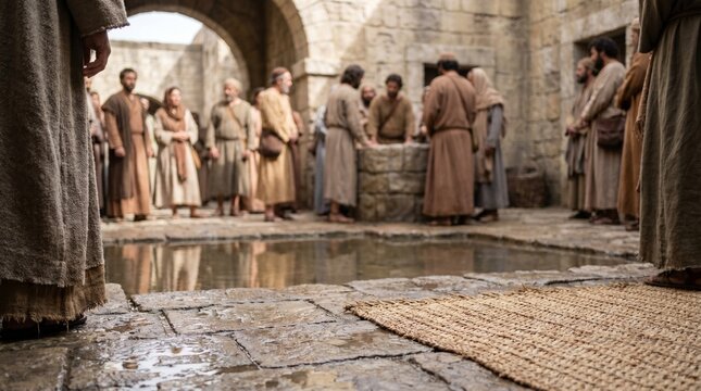 A straw mat lies on the wet stone floor near a reflective pool of water where people in biblical garments gather in an ancient courtyard.