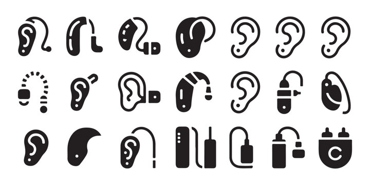 Medical hearing aid icons collection with auditory assistance devices and human ear symbols in vector.
