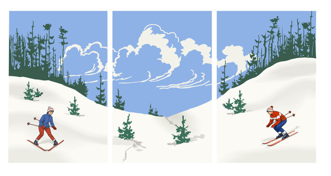 Vintage winter poster set in triptych featuring skiers, snowy hills, evergreen forest, and dramatic clouds under a blue sky. Retro vector illustration for wall art, decor, travel, and seasonal themes
