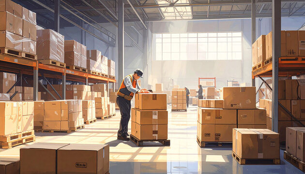 Industrial Warehouse Interior with Workers Organizing Boxes