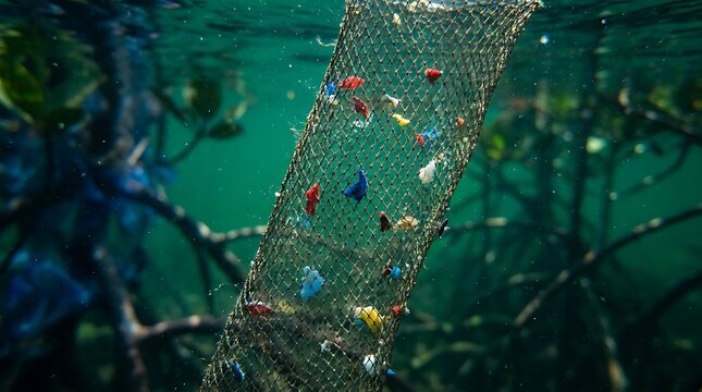 Fishing net catching plastic debris colorful waste underwater marine conservation effort