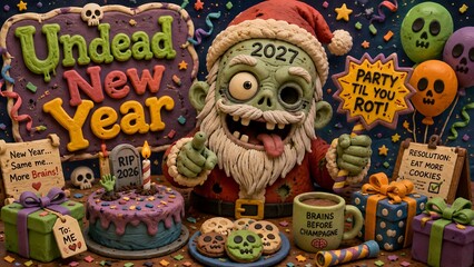 Fototapeta premium Funny Undead New Year 2027 Zombie Santa Party Card