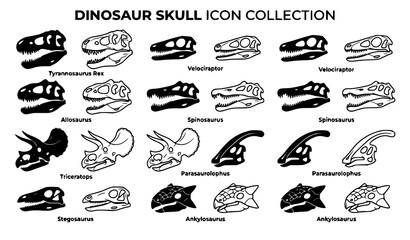 Prehistoric Dinosaur Skull Icons Vector EPS 10 Illustration with Silhouette and Outline Variations © joy