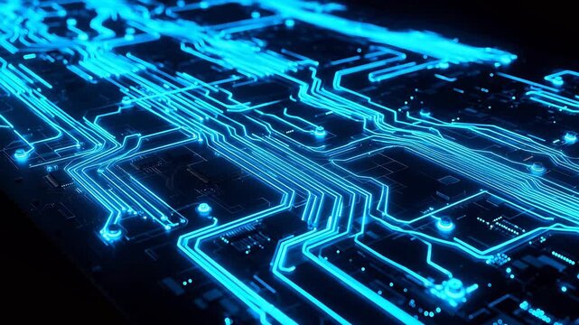 Circuit Board with Blue Light Trails