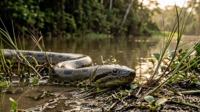 bolivian anaconda in amazon river bolivia close up near river morning light orbit video