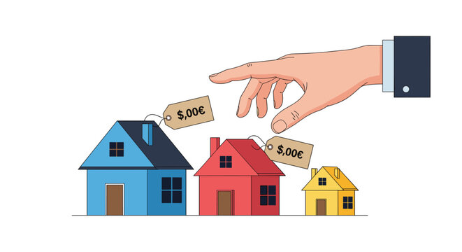 Large professional business hand reaches down to select one of three colorful houses marked with zero dollar price tags.