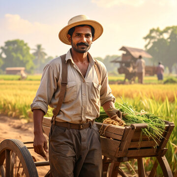 Smiling Indian farmer with harvest cart in sunlit rural field