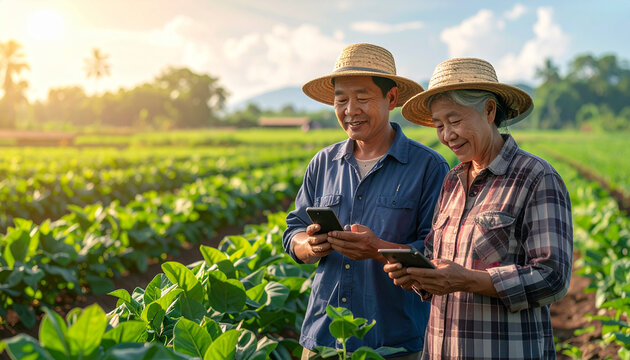 Senior Asian farmers using smartphones in green vegetable field