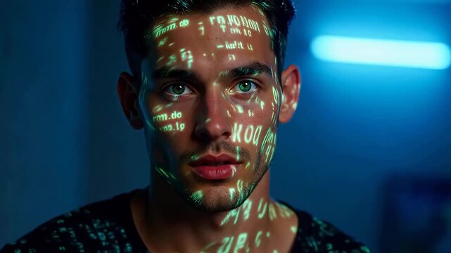 Man with projected letters on face