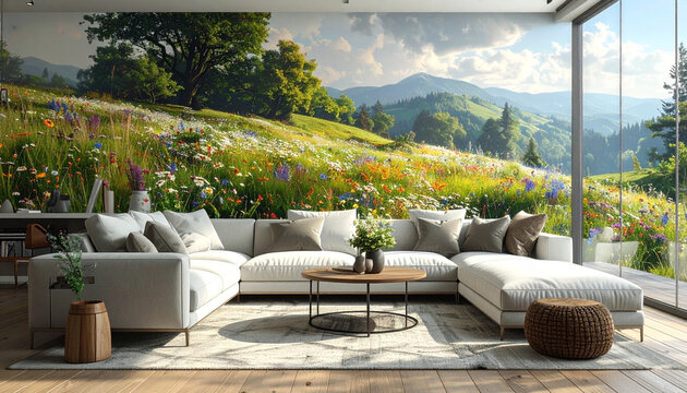 Modern living room interior with wildflower mural and mountain view