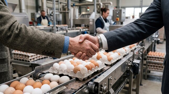 Businessmen shaking hands over egg production line in factory.