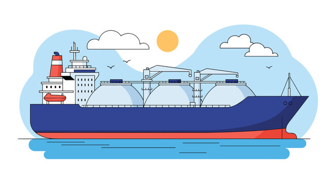 Large liquefied natural gas tanker ship travels across the ocean with heavy storage tanks visible under a sunny sky.