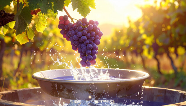 Fresh red grapes splashing into water bowl in sunlit vineyard