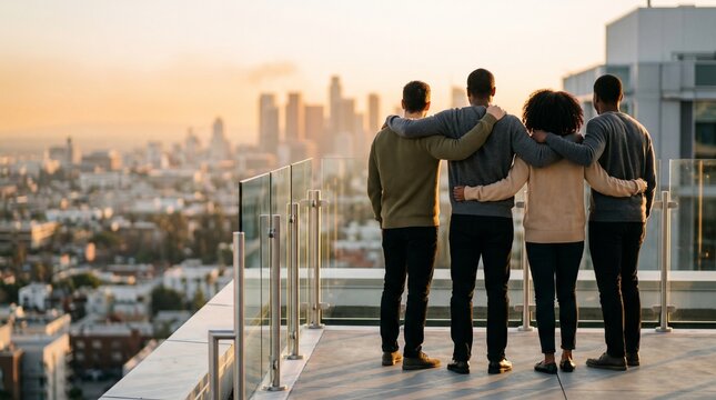 Diverse team colleagues cheering with arms around shoulders looking at city skyline sunset rooftop terrace