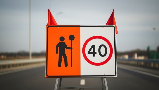 Road work and speed limit 40 sign with red flags on empty highway