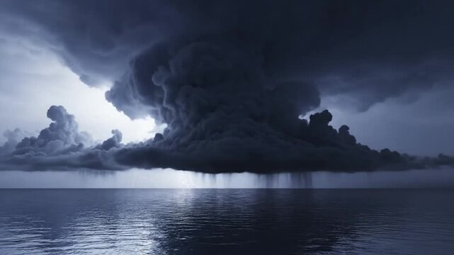 Dramatic lightning strikes illuminate a severe thunderstorm over dark ocean.