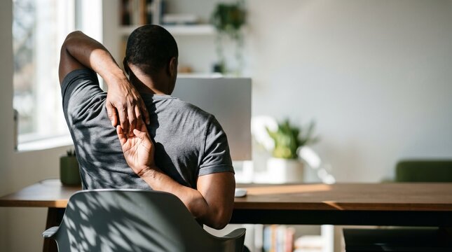 Black man stretching shoulders while working at desk in bright home office.