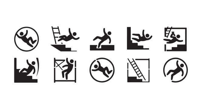Set of fall hazard safety pictograms depicting various scenarios of slipping tripping and accidents.