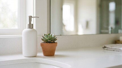 Fototapeta premium White ceramic soap dispenser and succulent plant on a modern bathroom vanity counter.