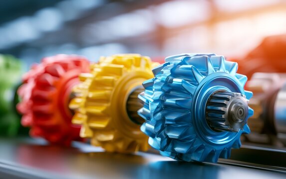 Colorful Precision Machined Gears in Industrial Setting with Bright Lighting