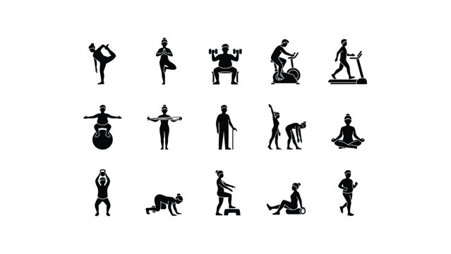 Set of fifteen gym and fitness workout icons depicting exercise routines and equipment usage.