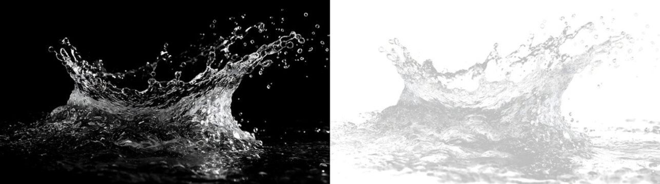 Water splash on black and white background created during a drop impact in a still setting, light overlay, PNG