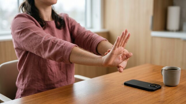 Woman stretching wrists at desk for office wellness and health.
