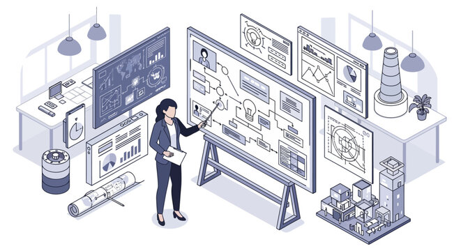 Businesswoman presenting strategy on large interactive whiteboard in modern office.