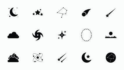 Graphic set of celestial bodies star constellations clouds and mystical atmospheric shapes. © Sourabh