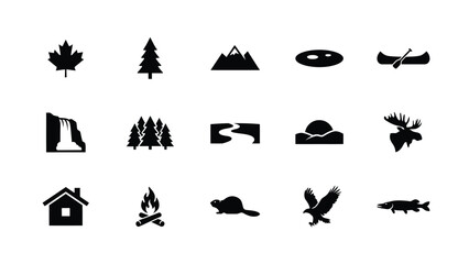 Obraz premium Canadian wilderness and nature icons showing forest landscape mountain animal silhouette set.