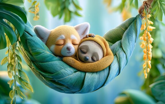 Cute Baby Red Panda and Sloth Characters Sleeping in Jungle Hammock