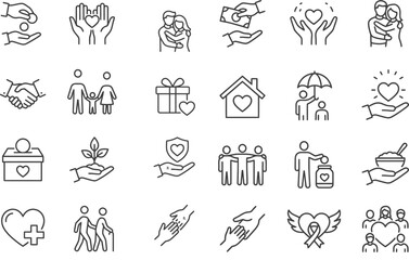 Fototapeta premium A comprehensive collection of line art icons representing charity, community support, human care, philanthropy, love, and various social welfare concepts