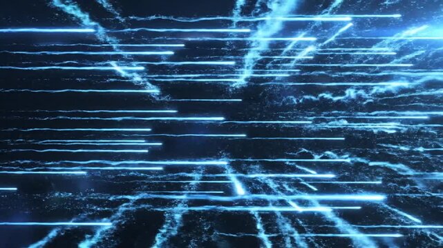 Abstract digital background with multiple bright neon blue and cyan horizontal light streaks, glowing trails, and motion blur representing high-speed data transmission and energy flow.
