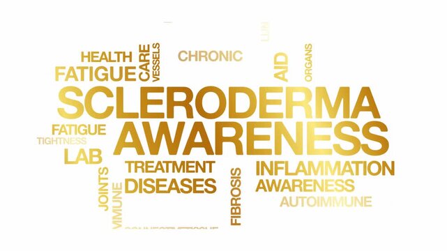 scleroderma awareness concept Animated Tag Word Cloud kinetic typography, Text Design Animation typography seamless loop video motion graphics Intro Wordart tagcloud golden type on white background
