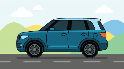 Fototapeta premium Blue SUV Car Driving on a Road with Scenic Mountain Landscape, Modern Flat Design Vector Illustration for Travel and Automotive Concepts