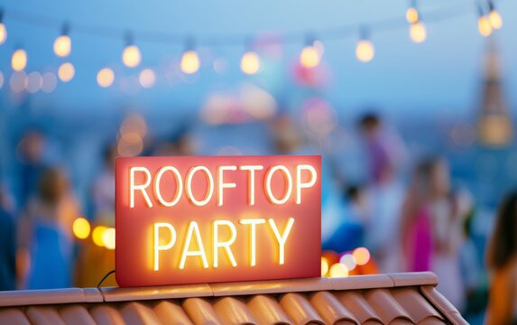 Bright Neon Rooftop Party Sign on Penthouse Terrace with String Lights