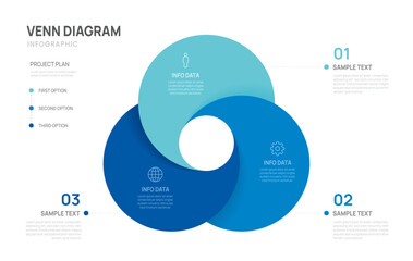 Venn diagram infographic chart template for business 3 parts options, presentation with venn diagram elements vector illustration.