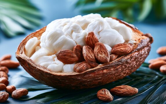 Perfectly Cracked Open Cacao Pod Revealing Delicious White Pulp and Nuts
