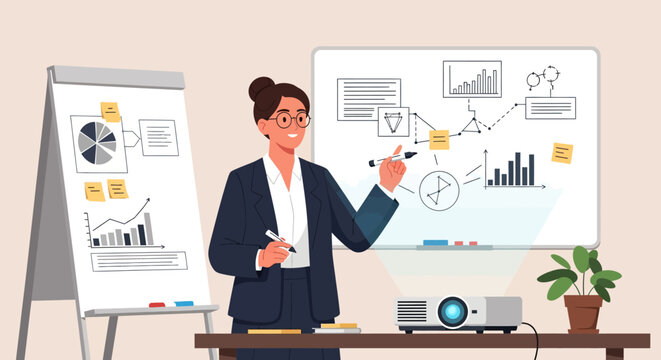 Businesswoman presenting data charts and graphs on whiteboard and flip chart.